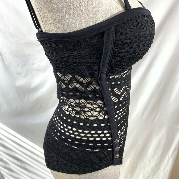One Piece Swimsuit Size 2 Lightly Lined Black Lace Crochet Sweetheart Spaghetti - Picture 8 of 10